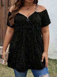 SHEIN LUNE Plus Size Women's Knitted Cami Cold Shoulder Jacquard T-Shirt - Black - View 3