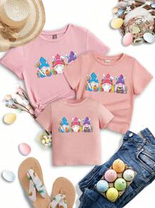 SHEIN VCAY 1件休閒簡約復活節圖案圓領短袖寬鬆女士t恤,適合夏季穿著 - 藕粉色 - 查看 1