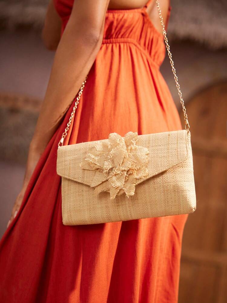 Vacation Style Flower & Grass Woven Clutch