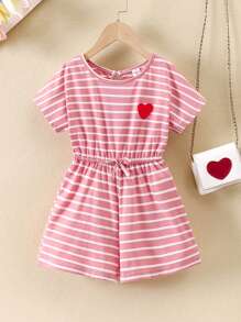 SHEIN Young Girls' Casual Stripe Heart Pattern Round Neck Short Sleeve Romper For Spring/Summer - Multicolor - View 1