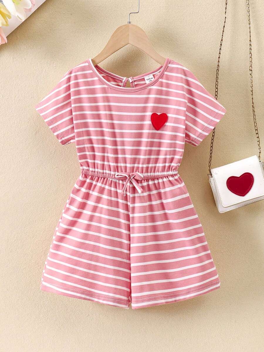 SHEIN Young Girls' Casual Stripe Heart Pattern Round Neck Short Sleeve Romper For Spring/Summer - Multicolor - View 1