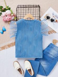 SHEIN Tween Girl Dệt Kim Màu Trơn Cổ Tròn Ghép Lưới Sang Trọng Áo Sơ Mi Thường Ngày - Màu xanh nhạt - Xem 2