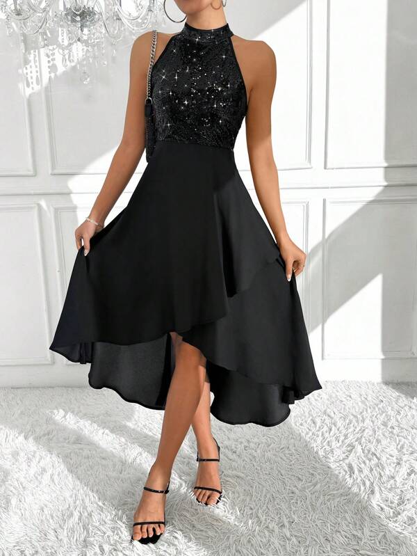 Chiquease 1pc Elegant Sequin Patchwork Halter Neck Asymmetrical Hem Dress For Holiday Party Clothes Maxi Women Outfit