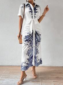 SHEIN Unity Vestido Plisado Con Botones Y Manga Corta Con Estampado De Guisantes - Azul y blanco - View 5