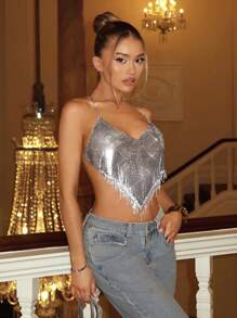 SHEIN BAE Ladies' Solid Metal Silver Delicate & Gorgeous Rhinestone Fringe Decoration Music Festival Summer Shimmering Clubwear Cami Top