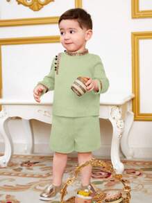 SHEIN Baby Boy Patchwork Weave Band Collar Shirt And Shorts Set - Green - View 3