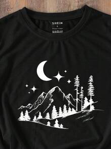 SHEIN LUNE 山景與月亮印花短袖休閒t恤 - 黑色 - 查看 3
