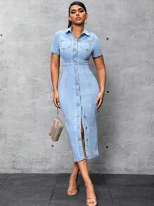 SHEIN SXY 女性淺藍色洗水牛仔襯衫連衣裙 - 淺色水洗藍 - 查看 1