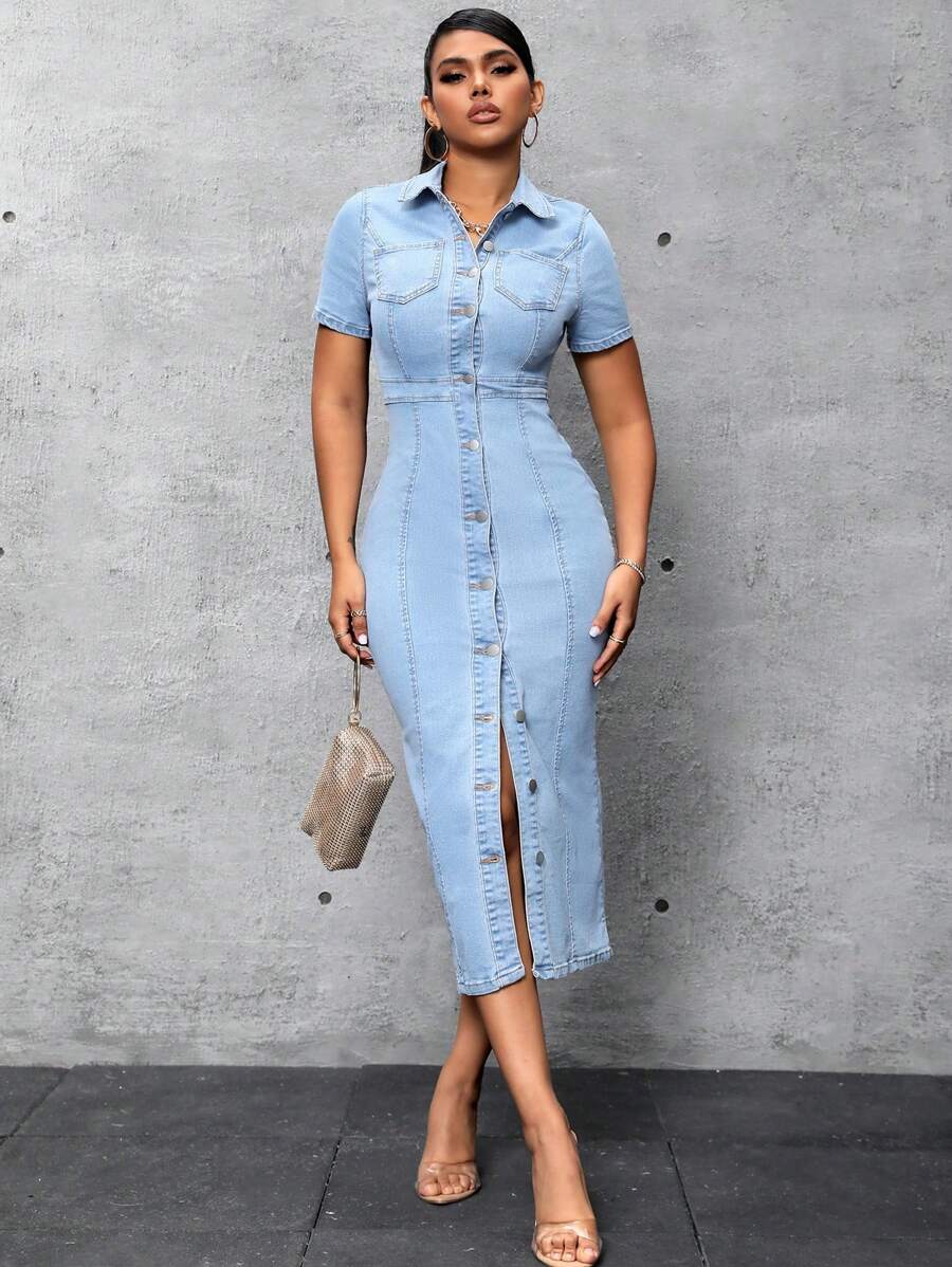 SHEIN SXY 女性淺藍色洗水牛仔襯衫連衣裙 - 淺色水洗藍 - 查看 1
