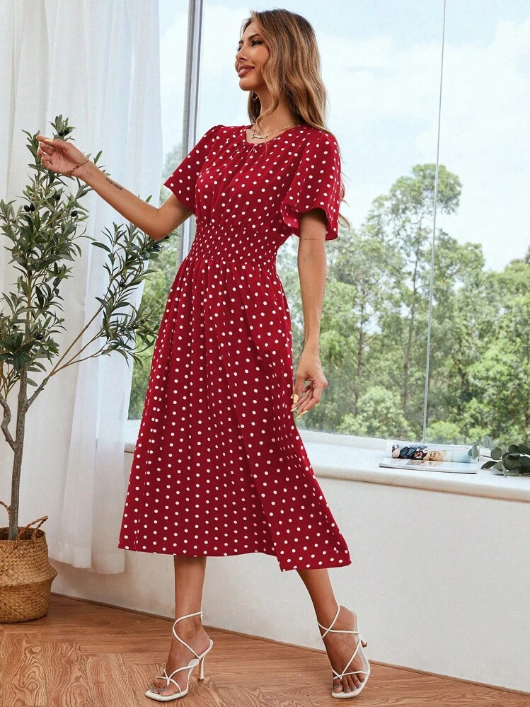 Breezaya Vestido largo con mangas cortas, estampado de lunares, volantes en el bajo y cinturón en la cintura, vestimenta de moda para Año Nuevo, vacaciones y playa - Rojo - Añade 4