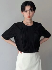 FRIFUL T-shirt à manches courtes texturé de couleur unie pour femmes, Décontracté chic pour femmes