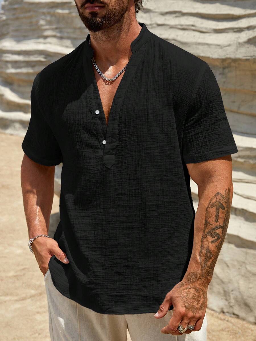 HIMLAND Men's Solid Color Half Button Loose Fit Shirt, Old Money, Couple Things