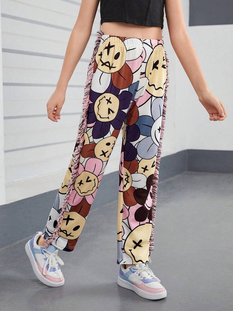 Tween Girl Fashionable Loose Sports Pants With Multicolor Tag Pattern (Size: Large)