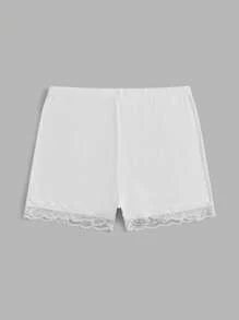 SHEIN EZwear Pantalones Cortos De Capa Base De Encaje De Talla Grande Para Mujer, De Color Sólido Y Con Parches - Blanco - Ver 2