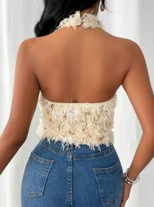 SHEIN Privé Top De Espalda Descubierta Con Flecos Y Lentejuelas Brillantes Para Mujer - Albaricoque - Ver 2