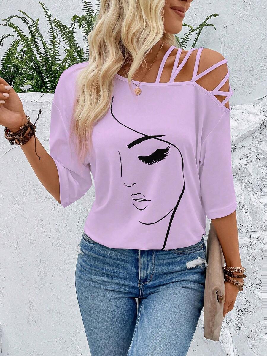 Portrait Pattern Printed Asymmetrical Neck Casual T-Shirt Graphic Tees Women Tops - Mauve Purple - View 1