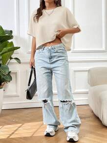 SHEIN EZwear Camiseta De Punto Suelta Para Mujer En Color Albaricoque