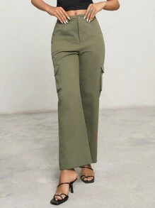 Anewsta Ladies Solid Color Cargo Pocket Straight-Leg Pants - Green - View 6