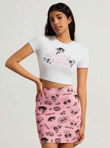 SHEIN Earth Day Fanverse Picks Cartoon And Letter Graphic Crop Tee & Bodycon Pink Skirt Set - White - View 2