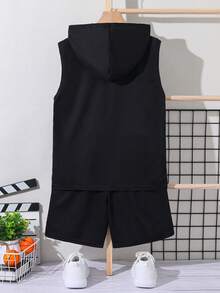 SHEIN Tween Boy Loose Letter Graphic Hoodie And Shorts 2 Pieces Set - Black - View 2