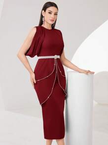 Modelyn Women Dresses Ruffle Split Zip Plain Anggun - Burgundy - View 5