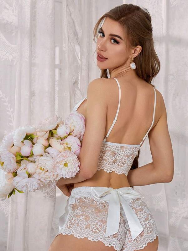 Butterfly Decorated Satin & Lace Pajama Set White Set Bridallingerie