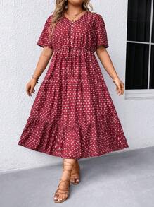 SHEIN LUNE Kích thước lớn Giường đôi In Nút Chi tiết Đầm - Đỏ - Xem 3