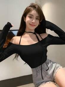 DAZY Women's Drawstring Tie Long Sleeve T-Shirt, Suitable For Banquet And Back To School,Fall Women Clothes - Black - View 5