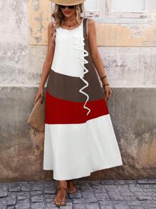 EMERY ROSE Sleeveless Printed Color Block Dress For Women, Pocket-Free, Summer Maxi Women Outfit