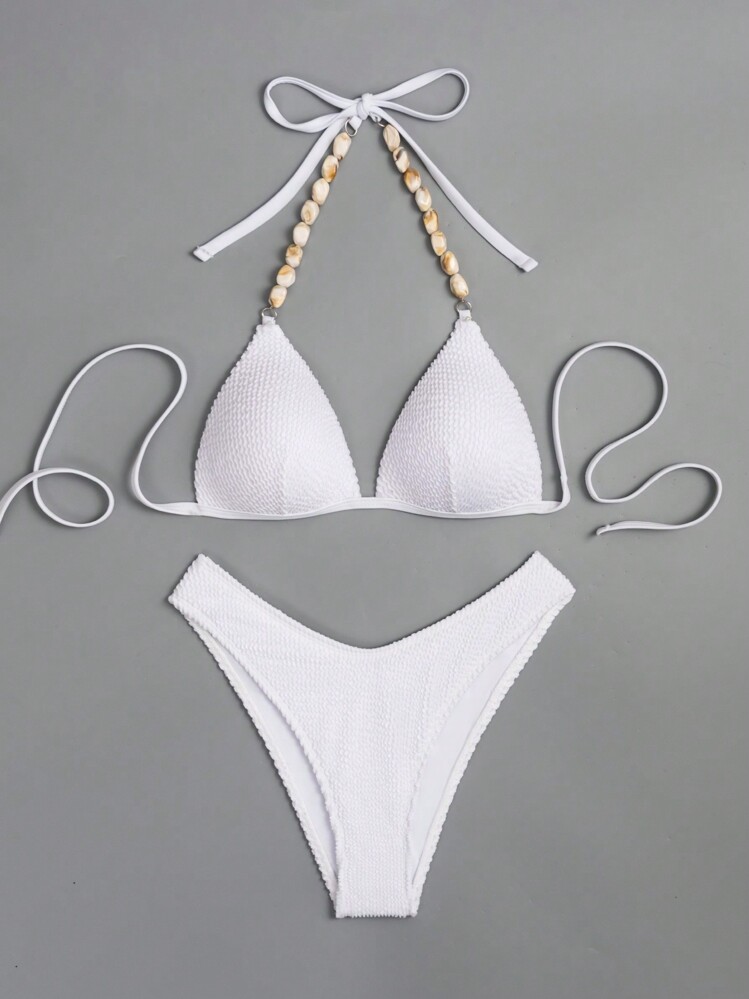 SHEIN Swim 女士纯色石带比基尼套装，简约设计，夏日海滩 - 白色 - 查看 7
