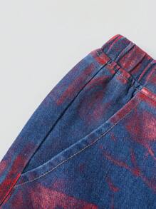 SHEIN 青少年男孩藍色時尚金屬洗水鬆身直筒牛仔短褲，適用於夏季穿搭