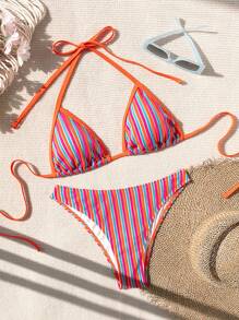 Swim Mod Women's Color-Block Striped Bikini Set Summer Beach - Multicolor - View 1