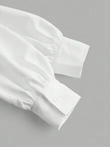 SHEIN Unity 女士纯色泡泡袖褶皱衬衫、长袖上衣 - 白色 - 查看 4
