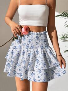Breezaya Ditsy Floral Print Ruffle Hem High Waist Skirt - Blue and White - View 4