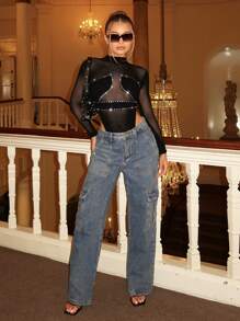 SHEIN BAE 纯黑色紧身高弹无缝性感丝袜，镶有宝石的闪亮黑色比基尼，长袖性感紧身衣，适合夜总会、派对、音乐节 - 黑色 - 查看 2