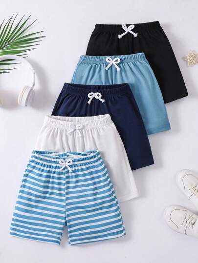 SHEIN Vintaside Kids Summer,Holiday,Traveler Young Boy 5pcs/Set Summer Casual Shorts, School, Campus, College
