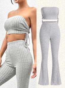 SHEIN EZwear Grey Ribbed Tube Top And Flare Pants Women's Set - Grey - View 2
