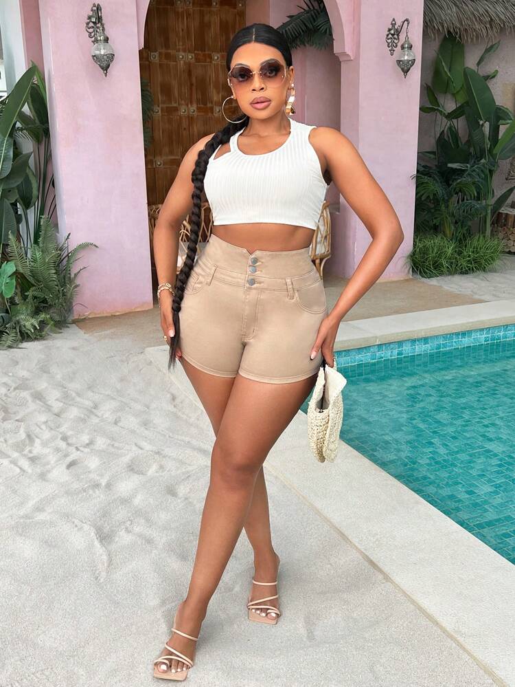 Women's Plus Size Super High Waist Stretchy Denim Shorts, Khaki Color