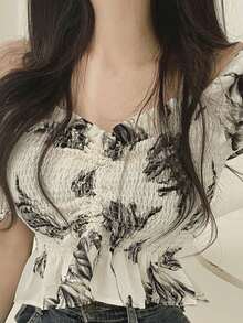 Blusa corta con cuello y mangas con volantes, diseño lindo y femenino para mujer, verano 2025