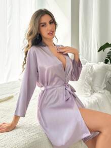 女士纯色长袖系带浴袍，适合春夏季奢华家居服，秋季