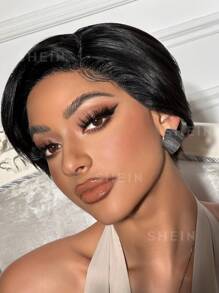 Straight Pixie Cut 13 X 4 X 1 T-Part Lace Wig Lace Front Natural Hair Wigs Short Hair Replacement Wig High Density - Natural Black - View 6