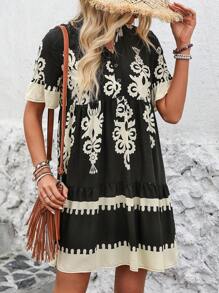 Breezaya Women's Summer Floral Printed Ruffle Sleeve Notched V-Neck Dress - Black - View 5