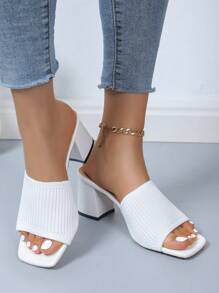 2024 时尚休闲系带粗跟针织高跟方头女式拖鞋，户外派对和休闲 - 白色 - 查看 4