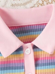 SHEIN 春夏款嬰兒女童時尚多彩條紋無袖Polo衫 - 彩色 - 查看 3