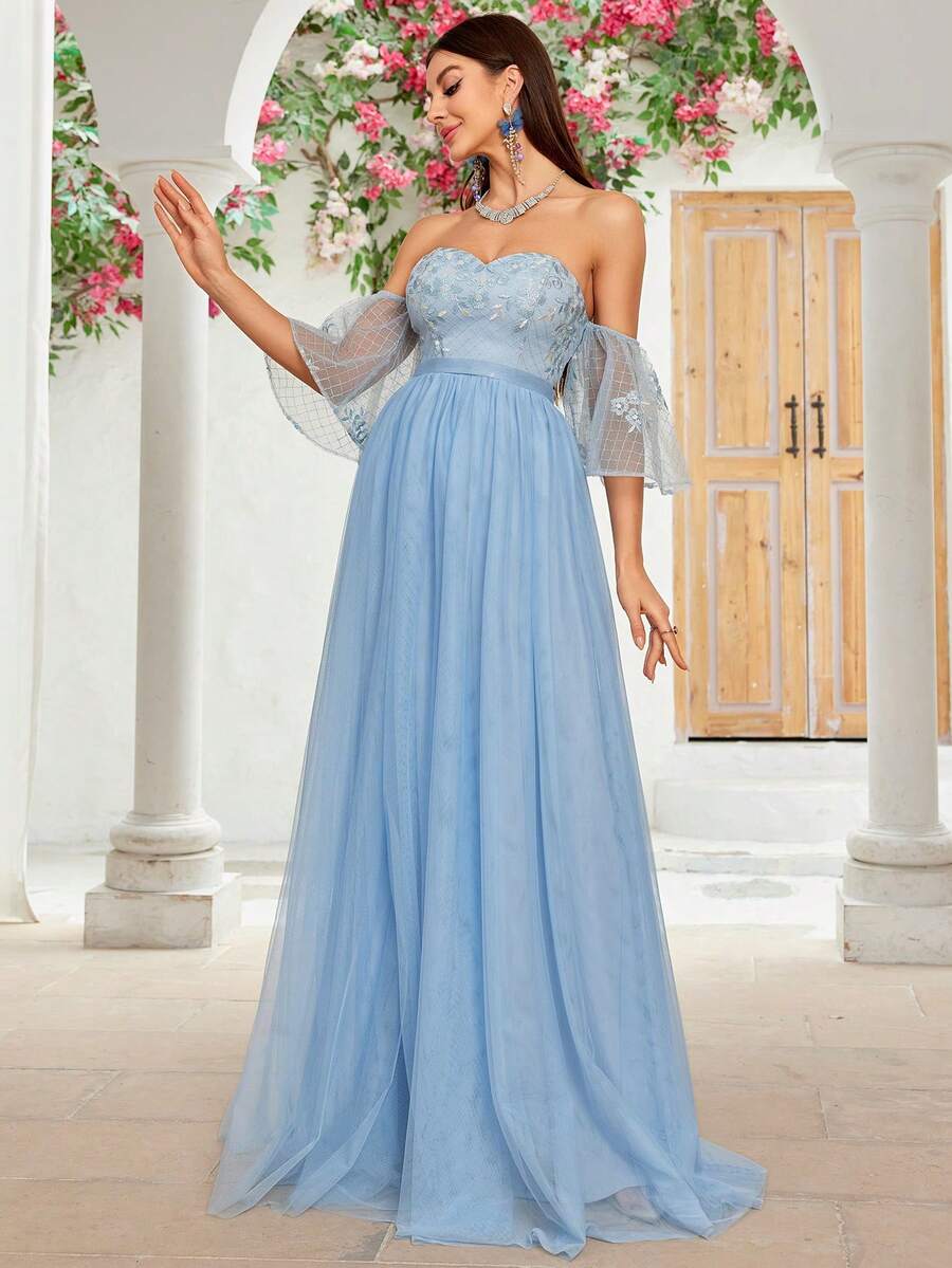 Open Shoulder Sweetheart Neckline Ruffle Sleeve Embroidered Detail Mesh Bridesmaid Dress - Blue - View 1
