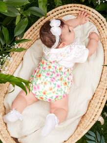 SHEIN 2pcs Baby Girl Casual Wear, Cute & Fun Bear Embroidery, Lace Trim Outfits For Spring/Summer Outing - Multicolor - View 2