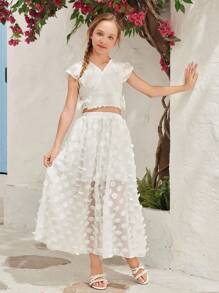 SHEIN Set aus Wickeloberteil mit gerafftem Saum und Schleifendekoration sowie Rock für Tween Mädchen - Weiss - Übersicht 3