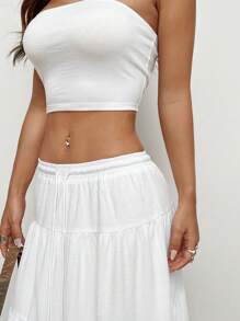 Conjunto de top de bandeau tejido y falda larga ajustada para mujer, con falda blanca de bandeau con volantes, fruncida y con capas, para uso casual diario en primavera/verano