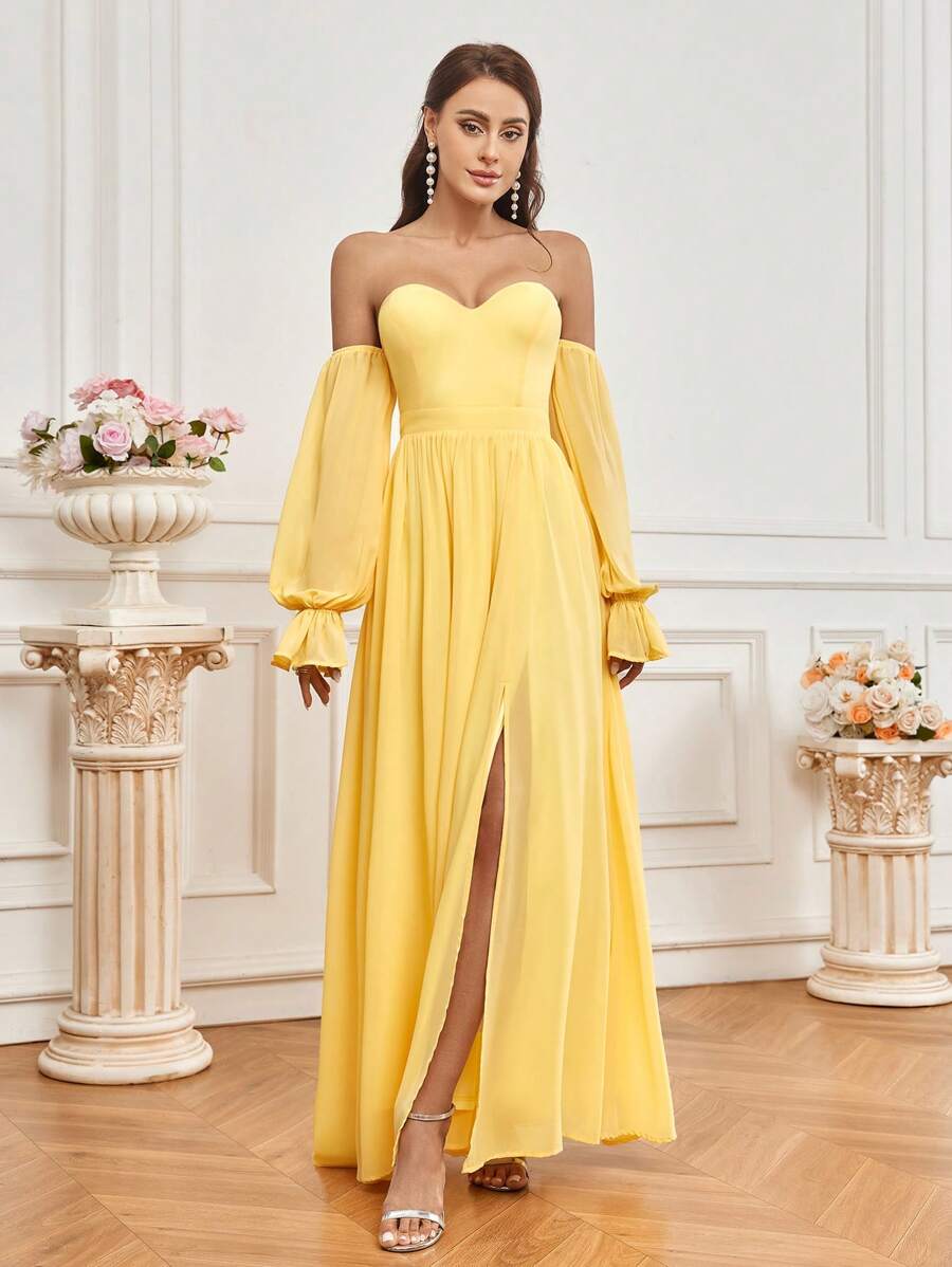 SHEIN Belle Ladies' Off Shoulder Split Bridesmaid Dress - Yellow - View 1
