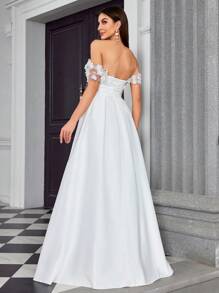 魔幻优雅露肩花卉贴花拼接缎面长款新娘礼服，适合情人节、春季等场合，白色 - 白色 - 查看 2